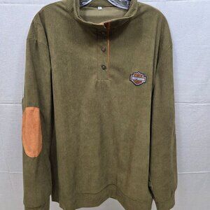 Harley Davidson Pullover Mens XL Olive Corduroy Suede Elbow Patch Snap Casual